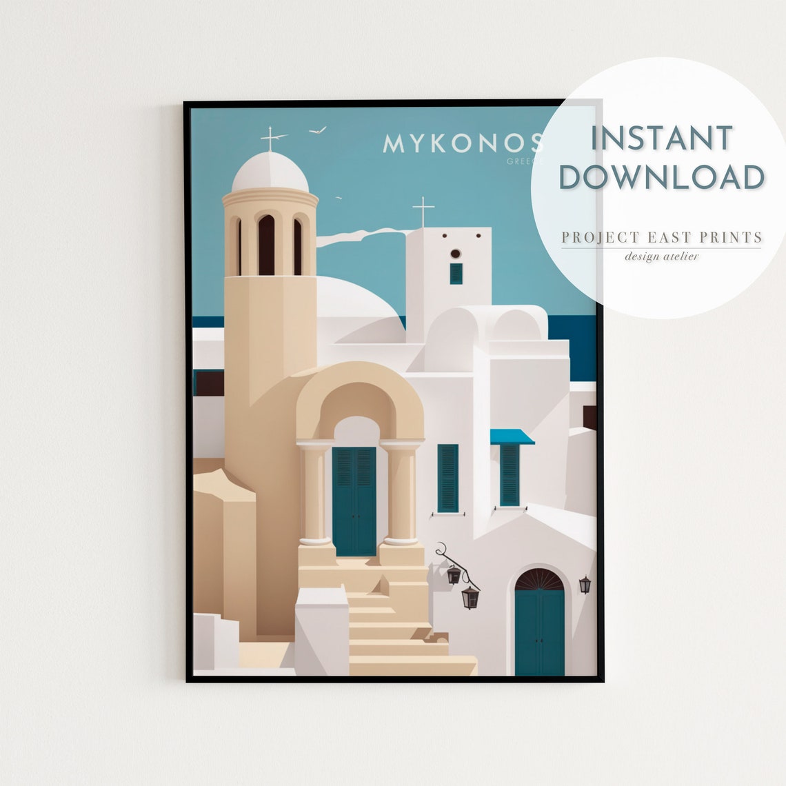Mykonos Greece White Churches Retro Travel Poster With Dome And Cross