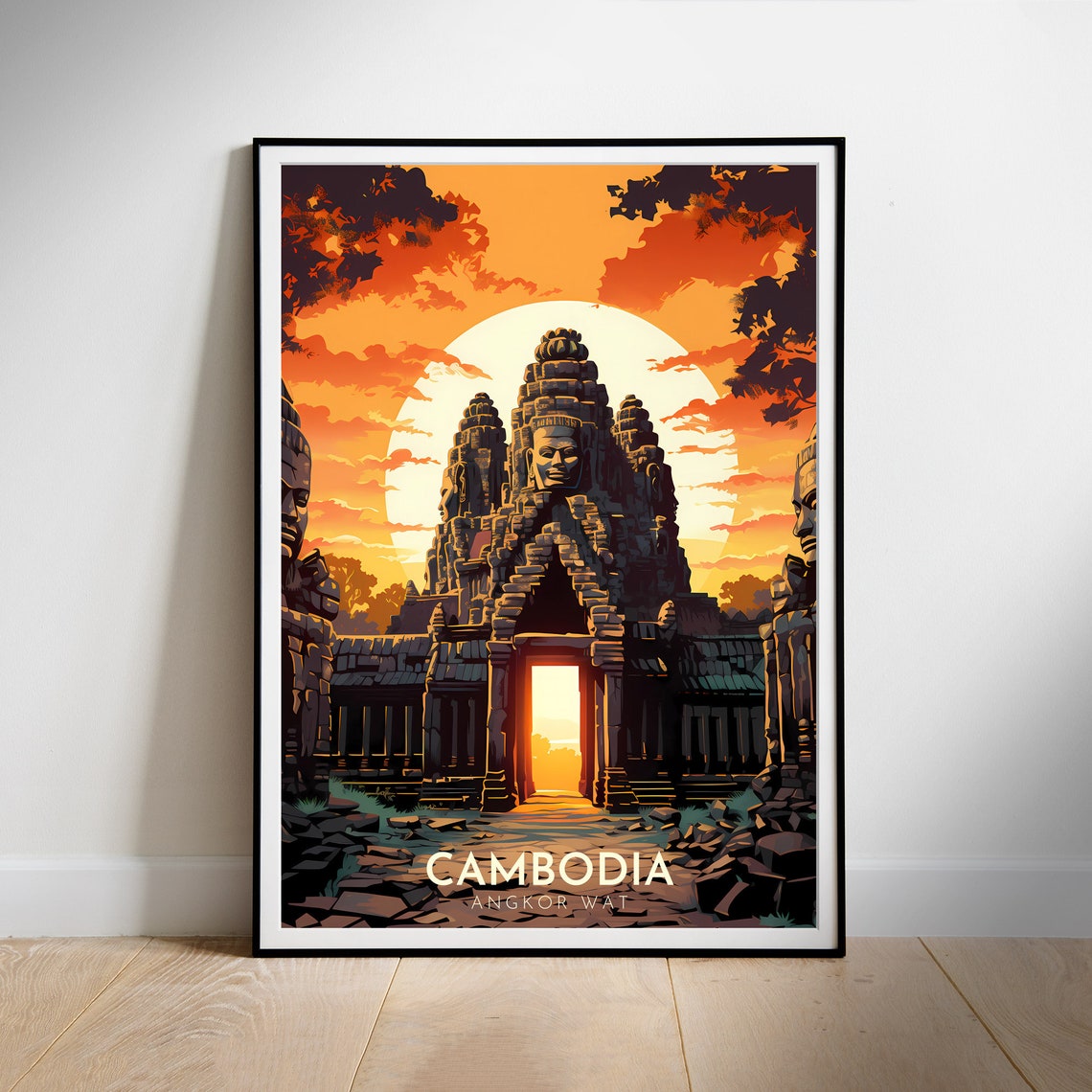Cambodia Angkor Wat Temple Sunset Carved Stone Faces Travel Poster