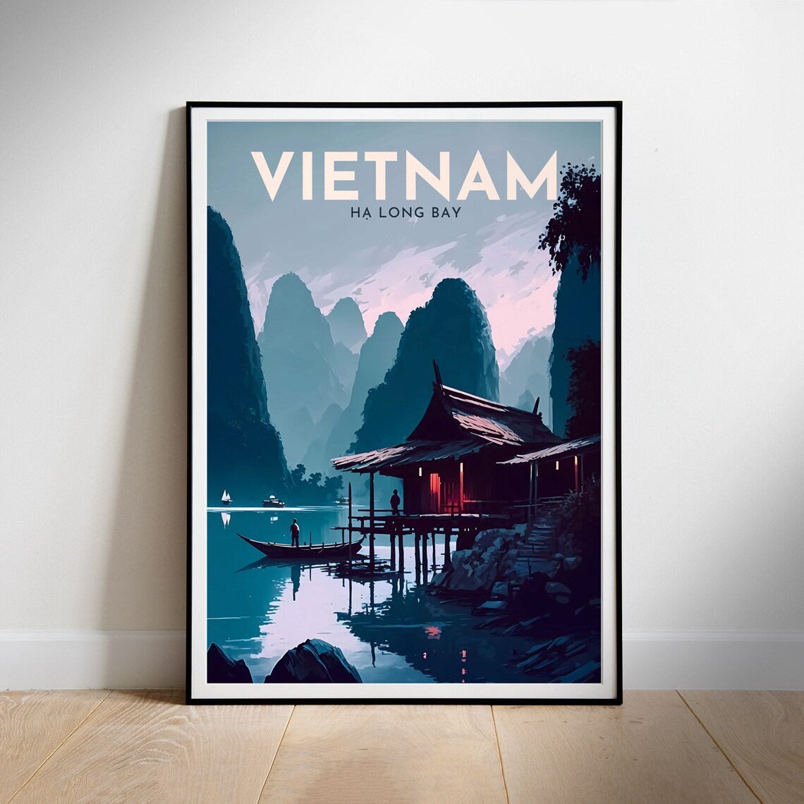 Vietnam Ha Long Bay Stilt House Sampan Dusk Retro Travel Poster