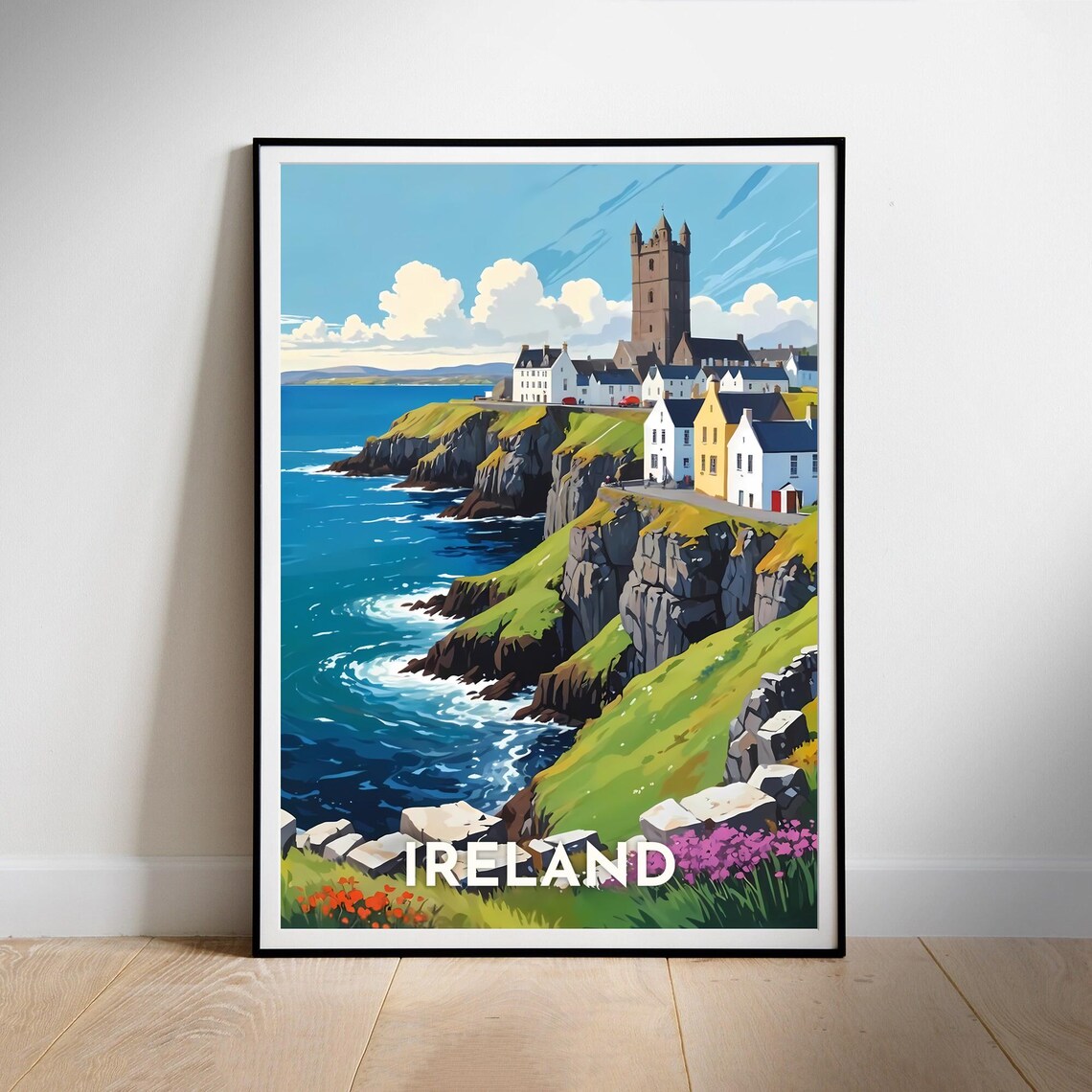Ireland Cliffside Village Stone Tower Coastal Sea Travel Poster