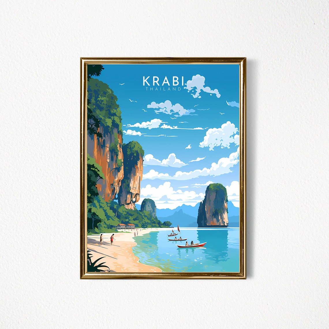 Krabi Thailand Beach Limestone Cliffs Kayaks Retro Travel Poster - Image 2