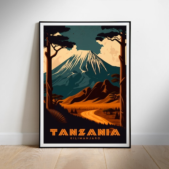 Tanzania Retro Travel Poster Kilimanjaro Travelling Home Decor Wall Print Instant