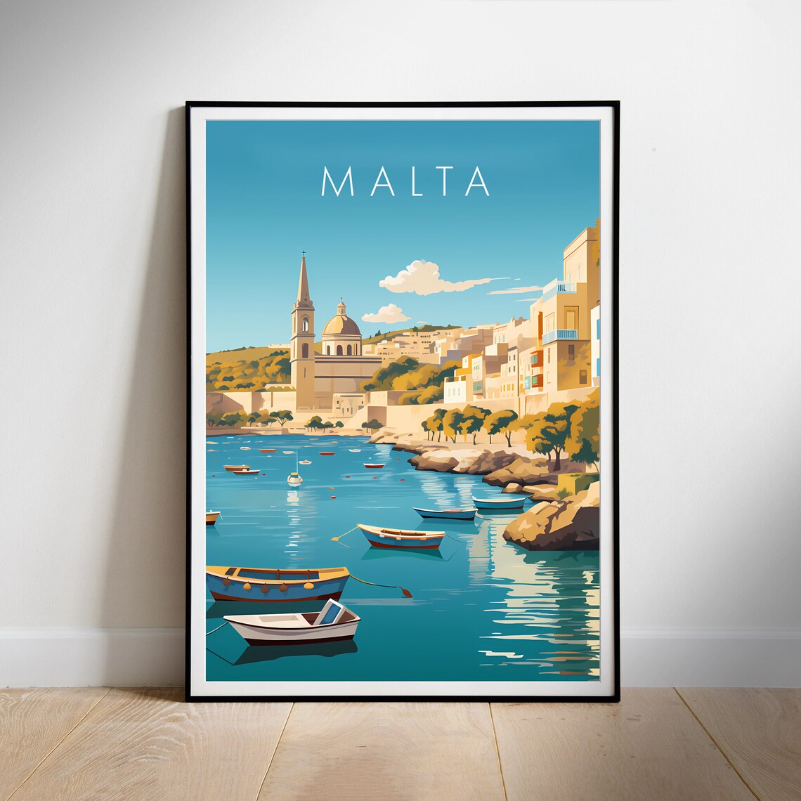 Malta Harbor Colorful Fishing Boats Coastal Town Retro Travel Poster