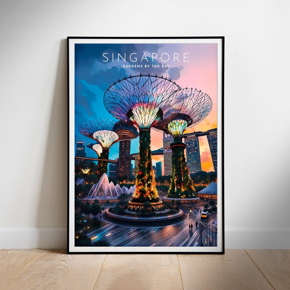 Singapore Gardens by the Bay Supertrees Night Skyline Travel Poster