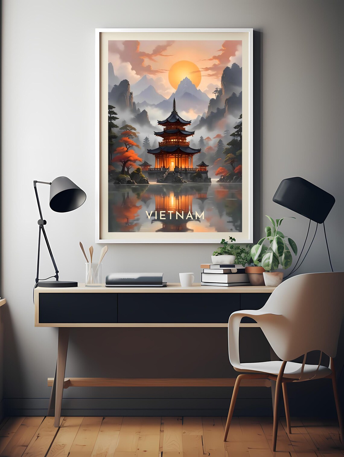 Vietnam Lakeside Pagoda Sunset Misty Mountain Serene Travel Poster - Image 2