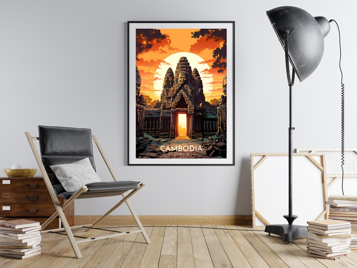 Cambodia Angkor Wat Temple Sunset Carved Stone Faces Travel Poster - Image 2