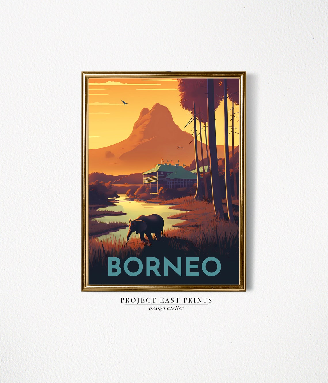 Borneo Jungle River Elephant Golden Sunset Safari Travel Poster - Image 2