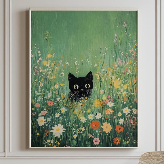 Floral Black Cat Wildflowers Maximalist Art Print