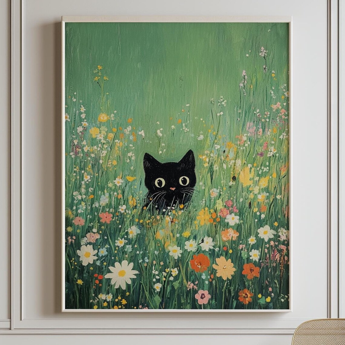 Floral Black Cat Wildflowers Maximalist Art Print