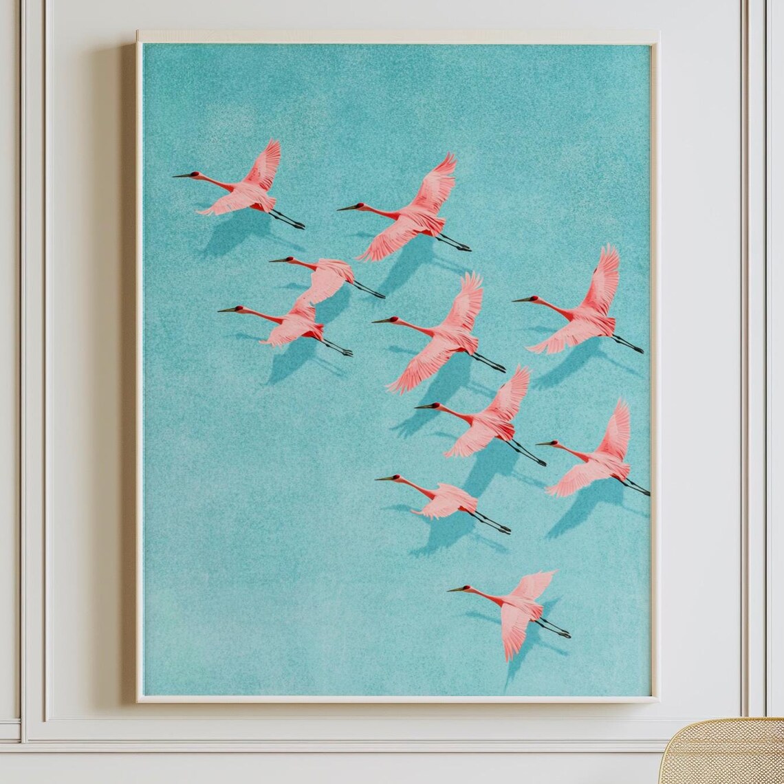 Pink Flying Cranes Japandi Style Elegant Minimalist Bird Art Poster