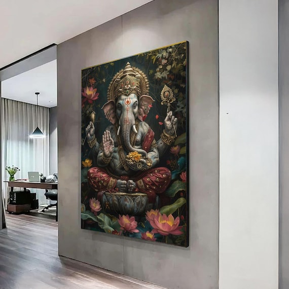 Detailed Lord Ganesha Canvas Wall Art Hindu God Decor Spiritual Elephant Deity Print Flowers Illustration Meditation Room