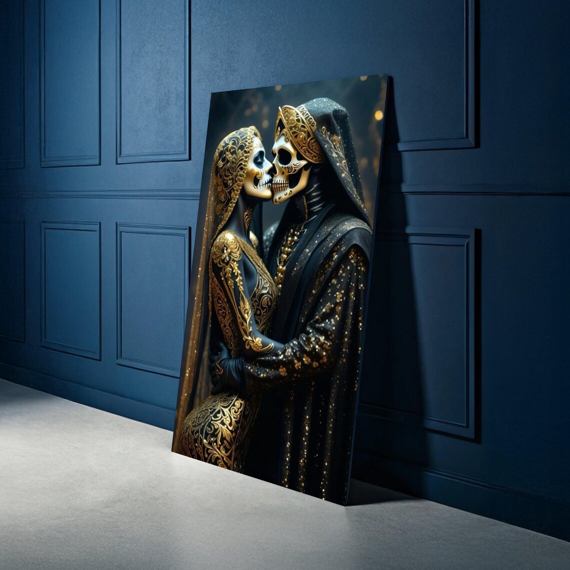 Day of the Dead Black and Gold Skeleton Couple Embrace Poster