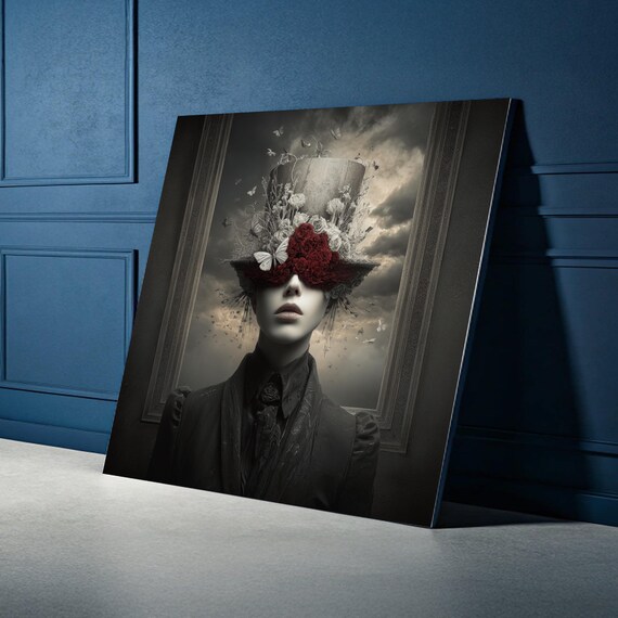 Surreal Victorian Woman Canvas Floral Top Hat Wall Art Red Roses And Butterflies Dark Fantasy Portrait Gothic Home Decoration
