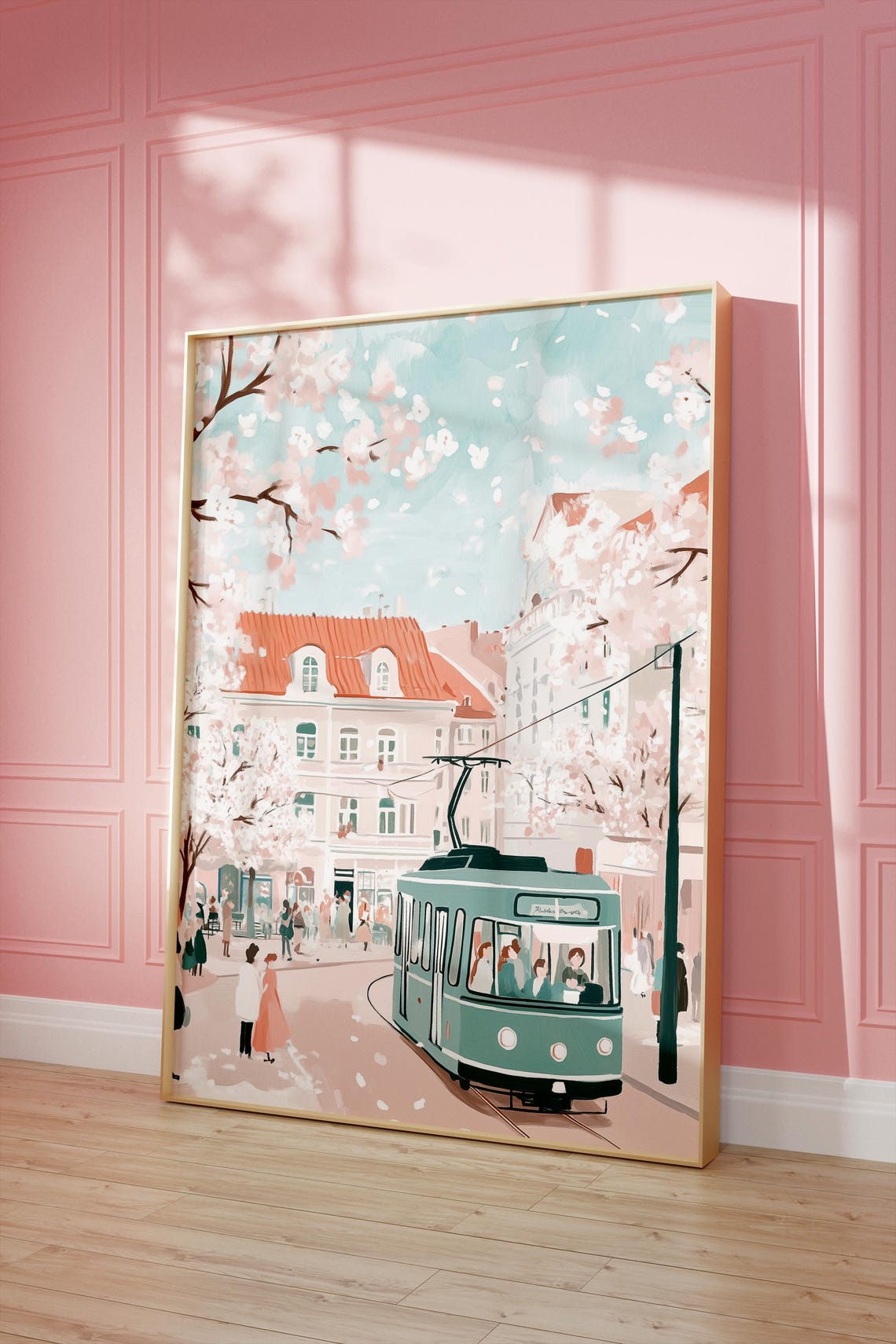 Spring Cherry Blossom Tram City Street Scene Pastel Travel Poster - Image 3