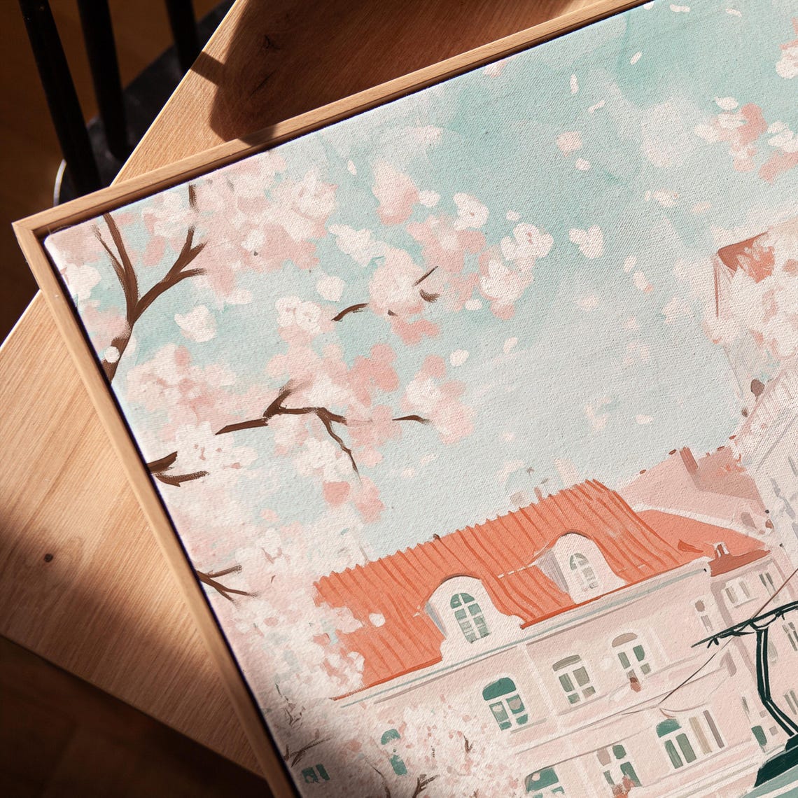 Spring Cherry Blossom Tram City Street Scene Pastel Travel Poster - Image 5