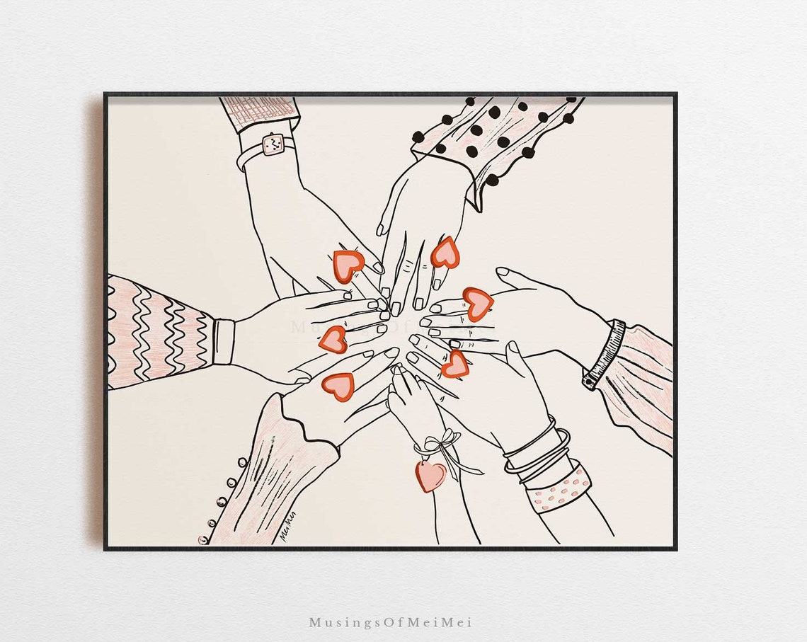 Best Friends Hands with Hearts Galentine Friendship Wall Art