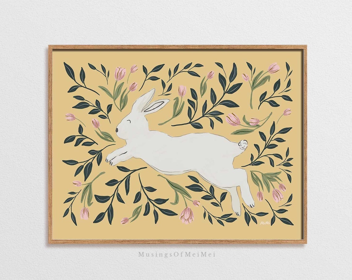 Leaping White Rabbit Among Pink Tulips Bold Mustard Floral Art Poster