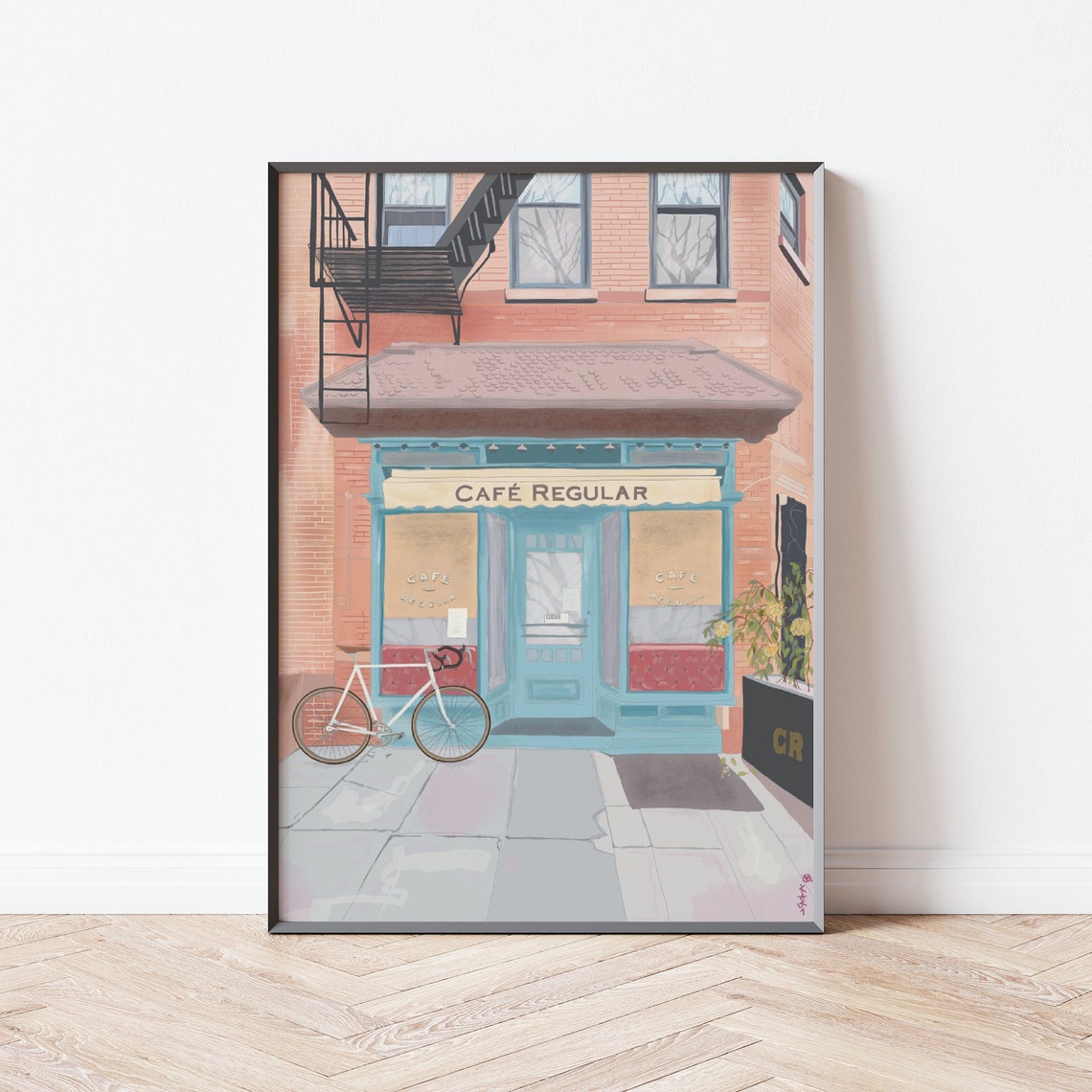 New York Teal Cafe Storefront White Road Bike Fire Escape Brick Poster - Image 3
