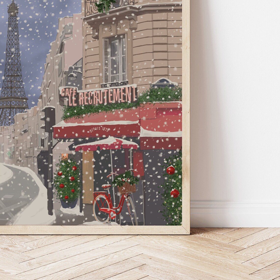 Paris Christmas Snow Eiffel Tower Cafe Le Recrutement Red Awning Poster - Image 3