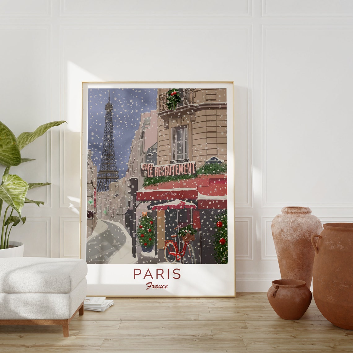 Paris France Christmas Snow Eiffel Tower Cozy Cafe Holiday Poster - Image 2