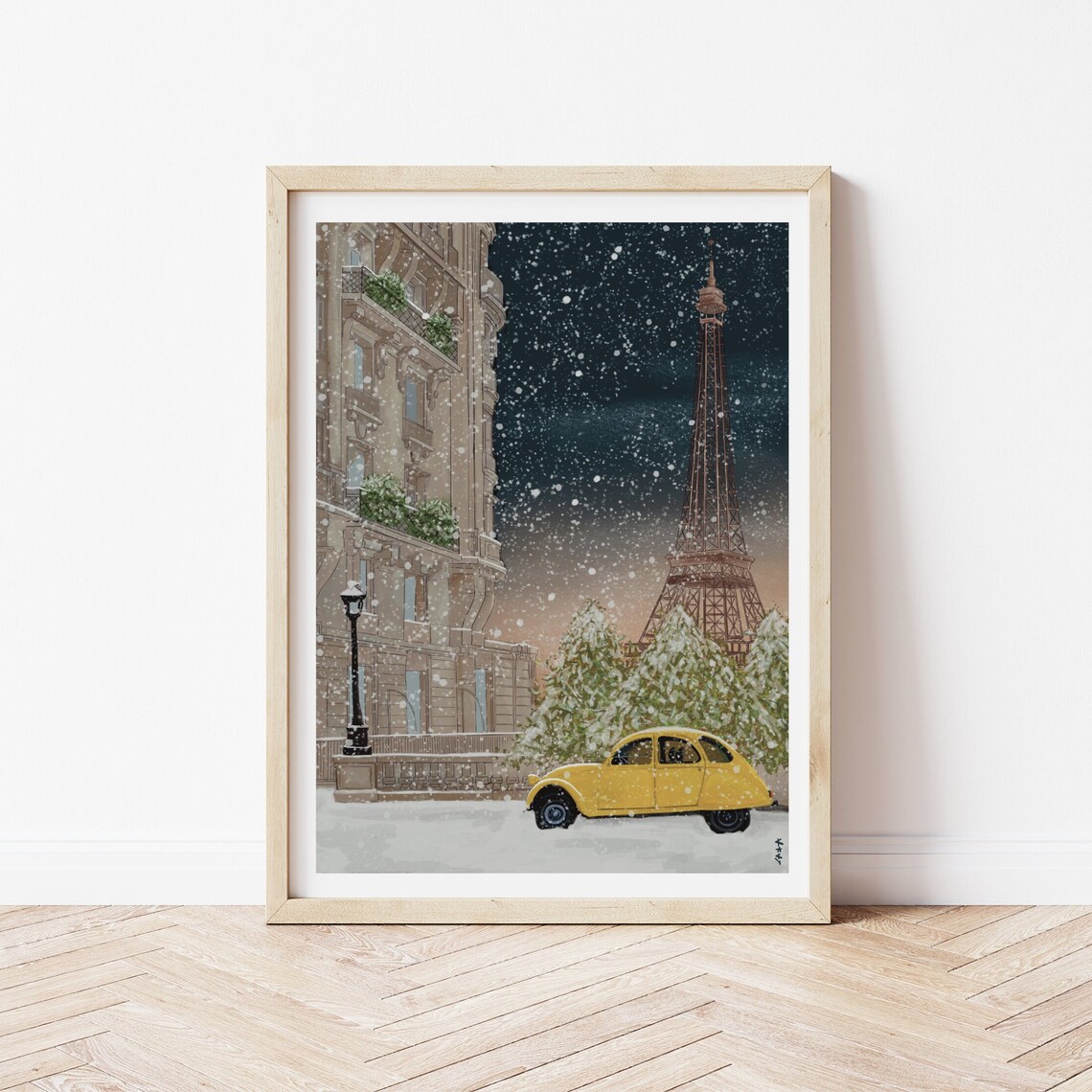 Paris Christmas Snowfall Eiffel Tower Yellow Vintage Citroen 2CV Poster - Image 3