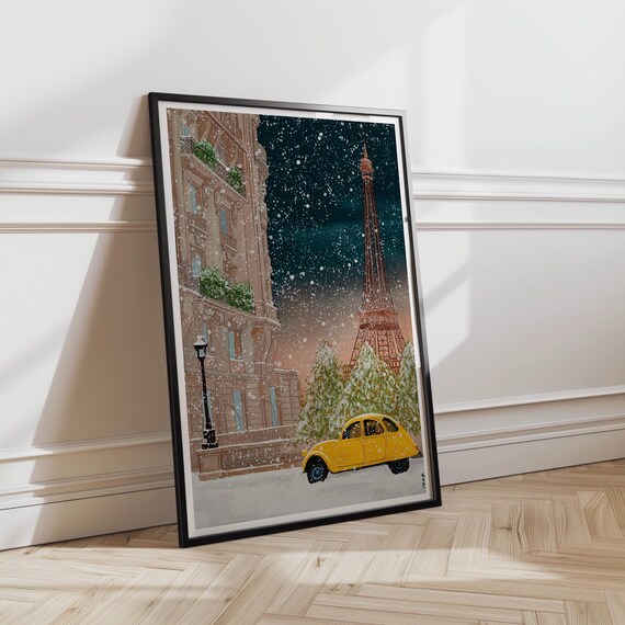 Paris Christmas Snowfall Eiffel Tower Yellow Vintage Citroen 2CV Poster