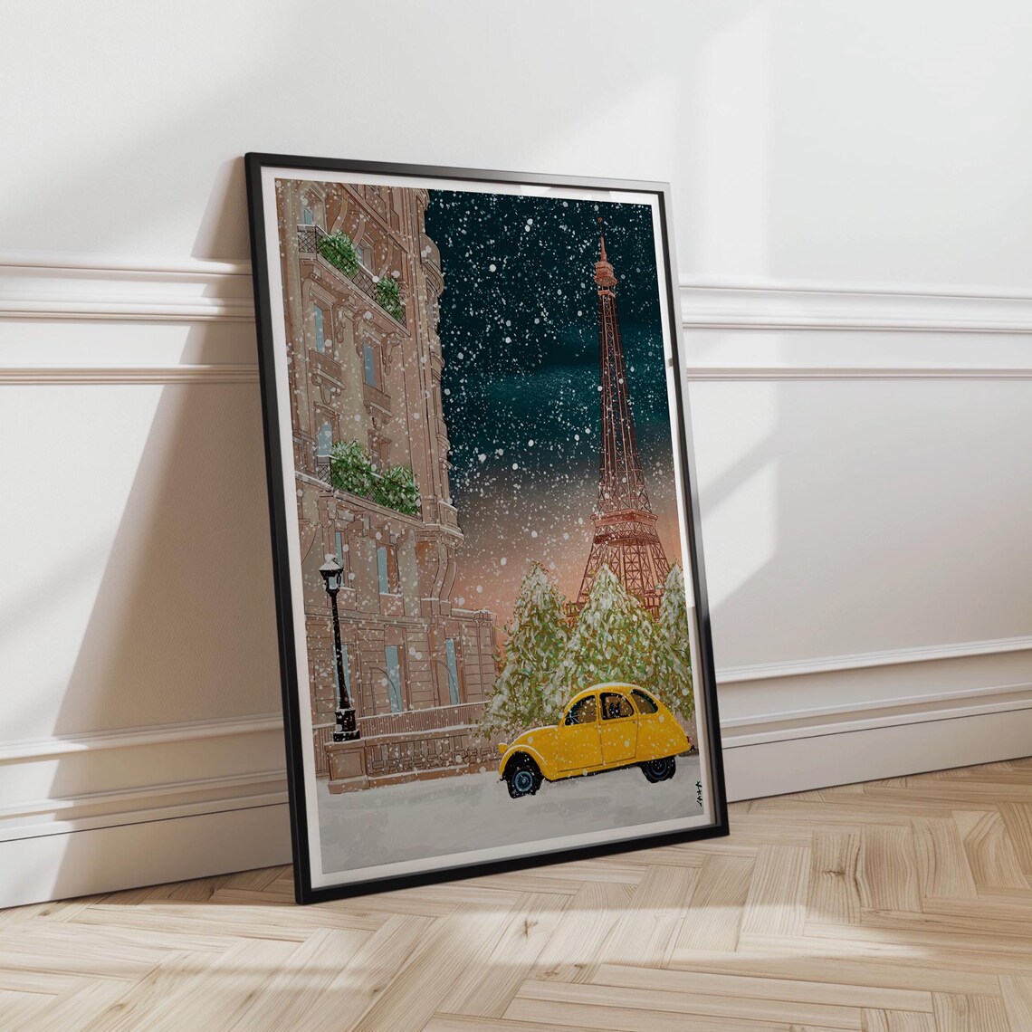Paris Christmas Snowfall Eiffel Tower Yellow Vintage Citroen 2CV Poster