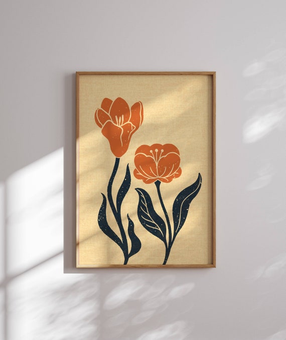 Retro Floral Abstract Tulip Poster, Mid-Century Boho