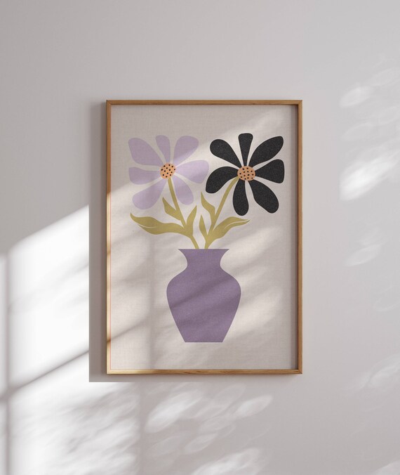 Lavender Black Daisy Pair Poster Modern Floral Vase Illustration Decor
