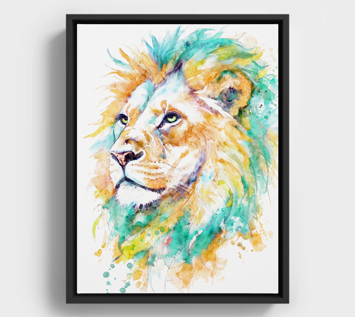 Lion Watercolor Portrait Teal And Orange Modern Wildlife Poster