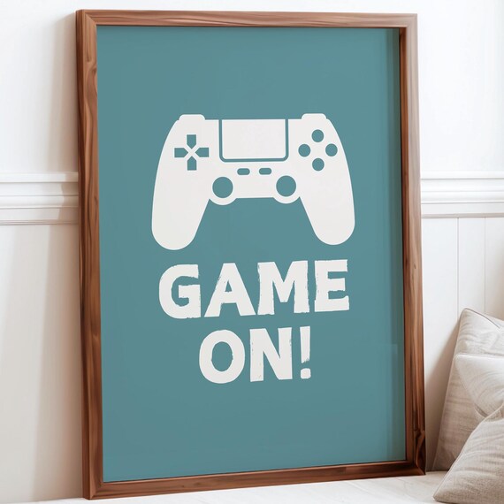 Game On Teal Blue Controller Teen Boys Gamer Room Decor Poster