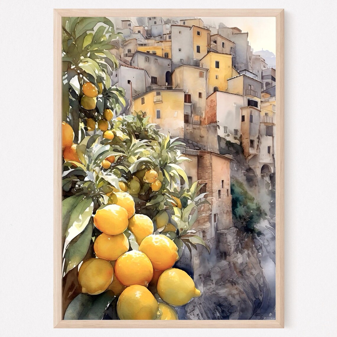 Italian Cliffside Town Lemon Grove Watercolor Art Scene Poster