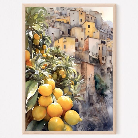 Positano Watercolor Lemon Tree Wall Art Amalfi Coast Painting Italian Cityscape Print Italy Artwork Home Decor Gift Art