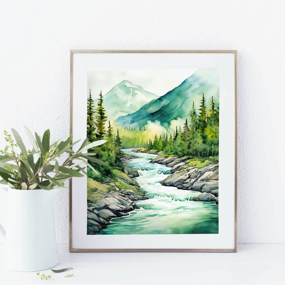 Mountain River Misty Forest Watercolor Art Print - Image 2