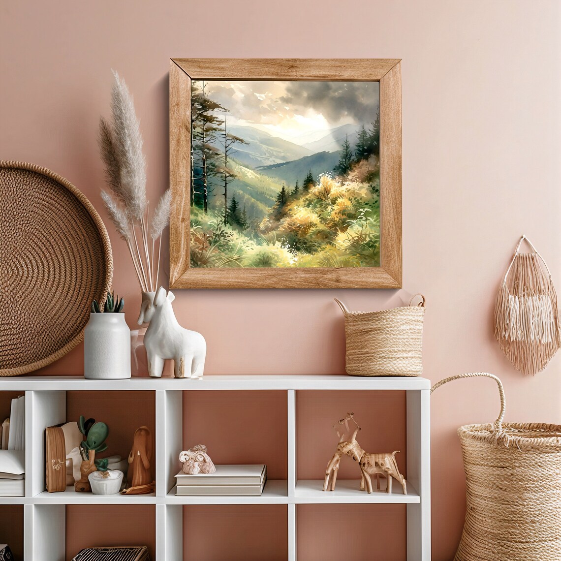 Green Mountain Valley Meadow Pines Dramatic Clouds Watercolor View Poster - Image 3
