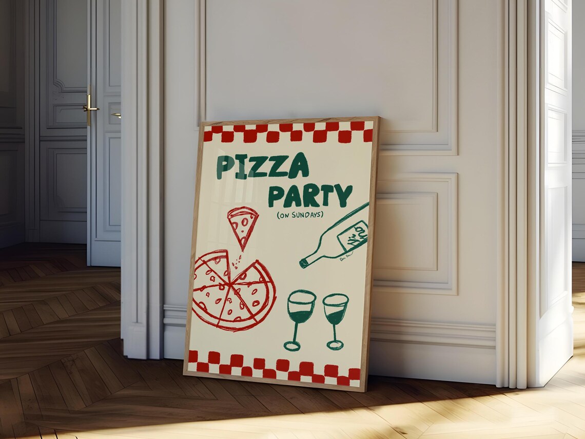 Pizza Party On Sundays Red Retro Kitchen Food Fun Art Poster - Image 4