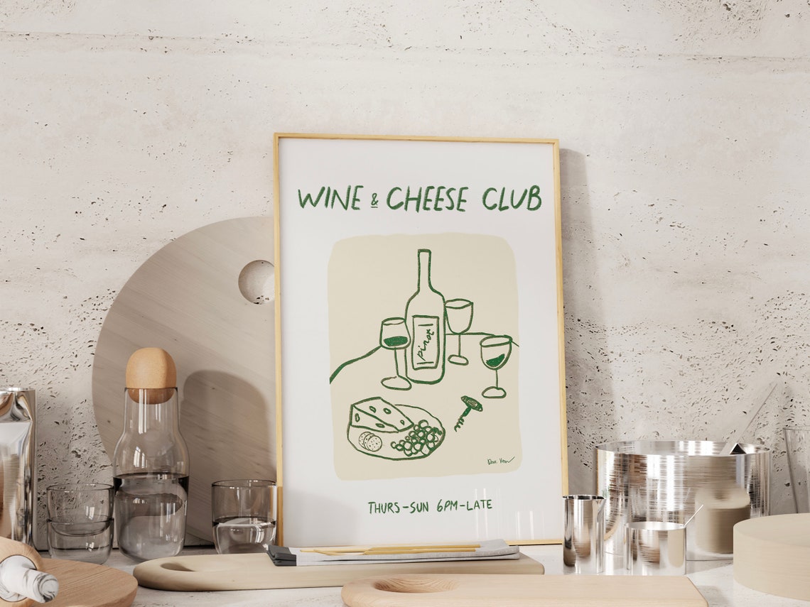 Wine and Cheese Club Line Art Pinot Glasses Kitchen Bar Poster - Image 2