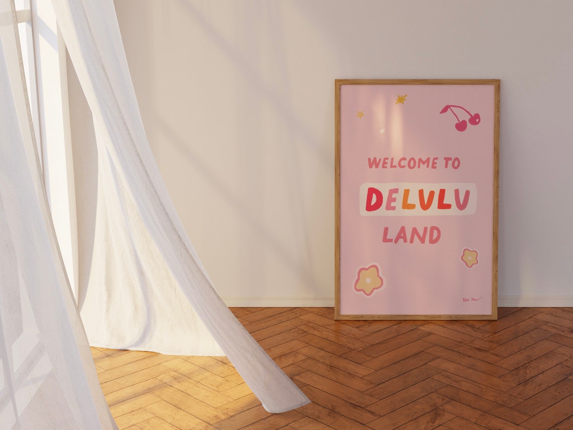 Welcome To Delulu Land Pink Cherry Retro Girly Fun Quote Poster - Image 2
