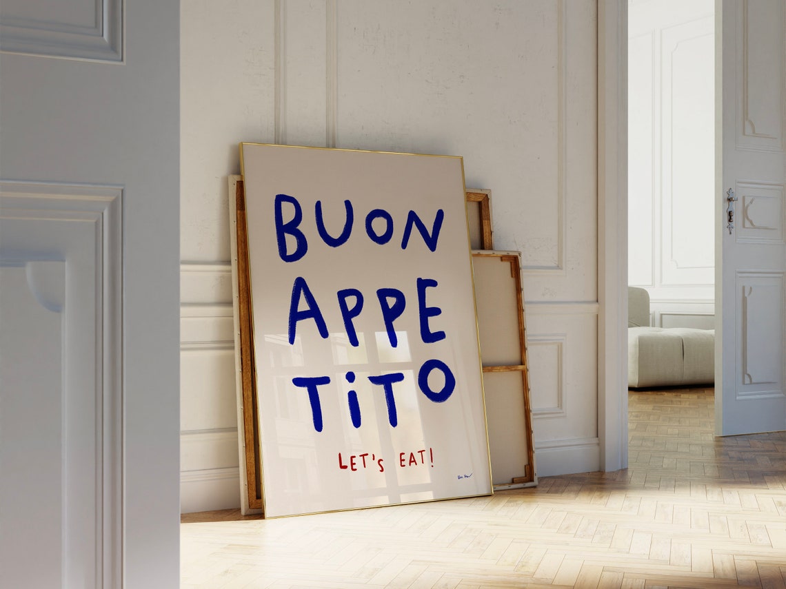 Buon Appetito Lets Eat Blue Hand Lettered Italian Kitchen Poster