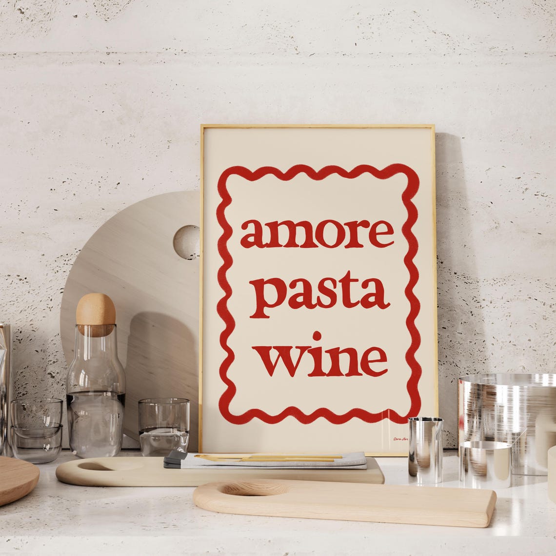 Amore Pasta Wine Retro Typography Red Scalloped Frame Kitchen Poster - Image 4