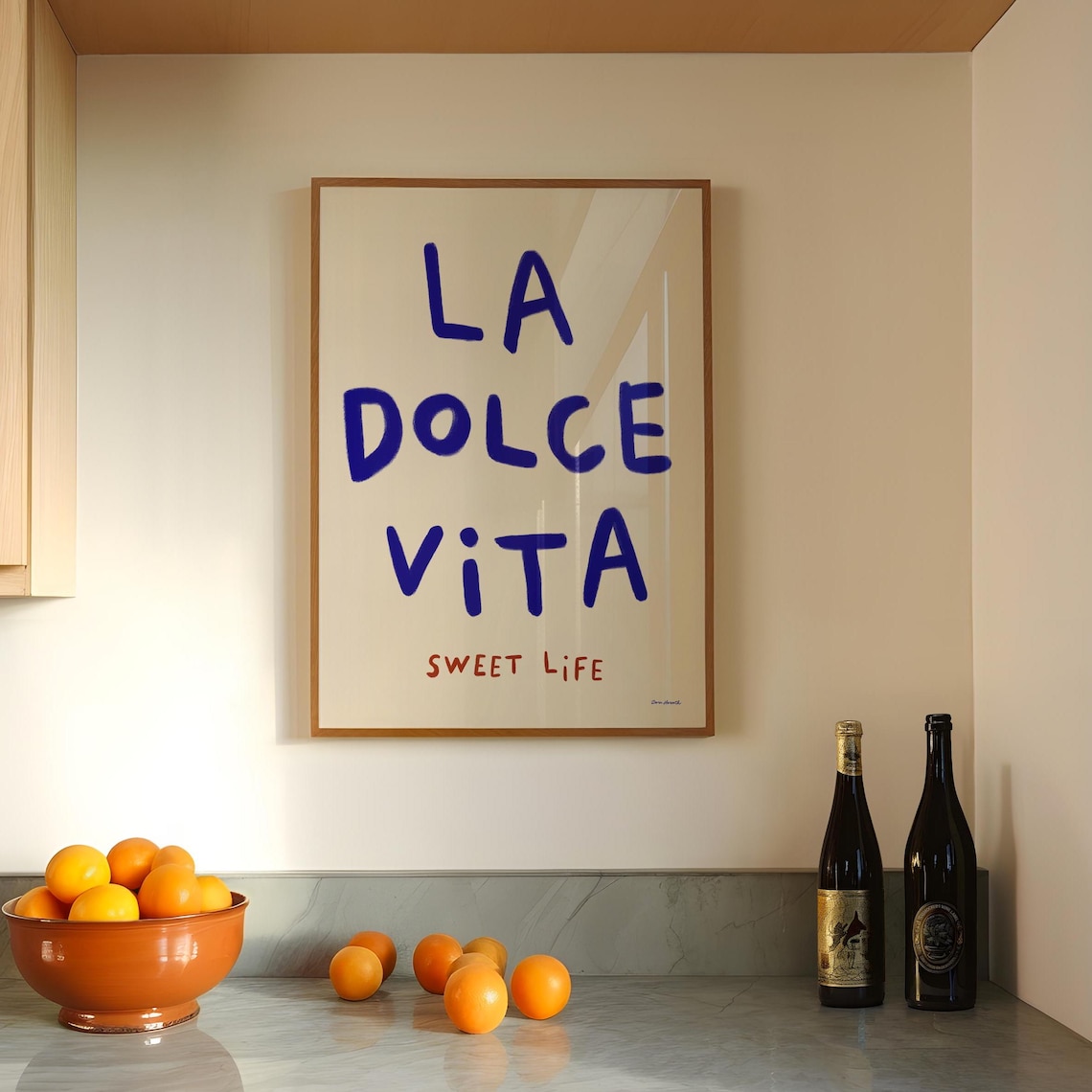 La Dolce Vita Italian Quote Hand Lettered Blue Kitchen Poster