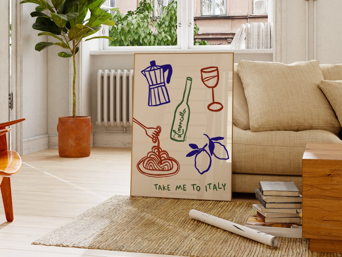 Take Me To Italy Pasta Limoncello Wine Hand Drawn Kitchen Poster - Image 3