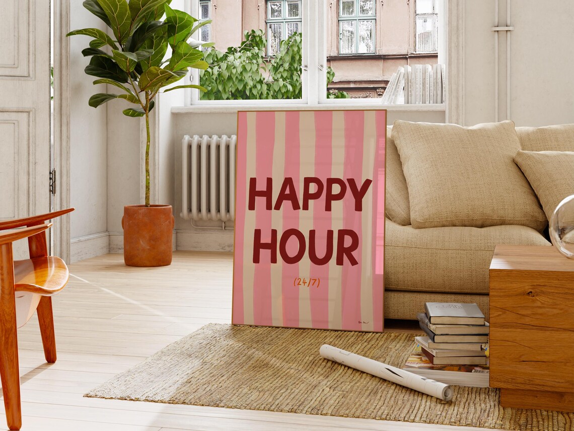 Happy Hour 24/7 Bold Pink Stripes Retro Bar Cart Party Decor Poster - Image 3