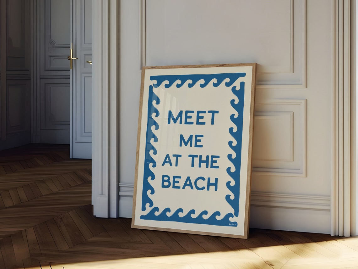 Meet Me At The Beach Blue Wave Border Coastal Typography Poster - Image 2