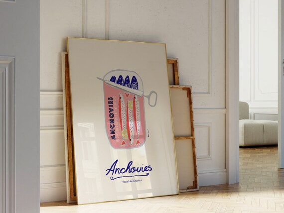 Anchovies Print Fish Kitchen Wall Art Sardine Tin Poster Seafood Print Italy Retro Food Art Vintage Foodie Gift Food Art Kitchen Decor