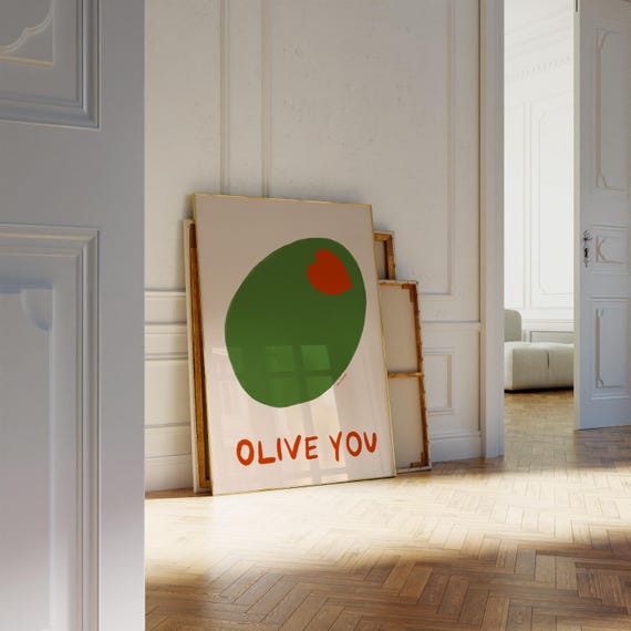 Olive You Wall Art Pink Olive Print Maximalist Kitchen I Love You Art Print Food Art Kitchen Decor Pop Art Food Print Cute Olive Print