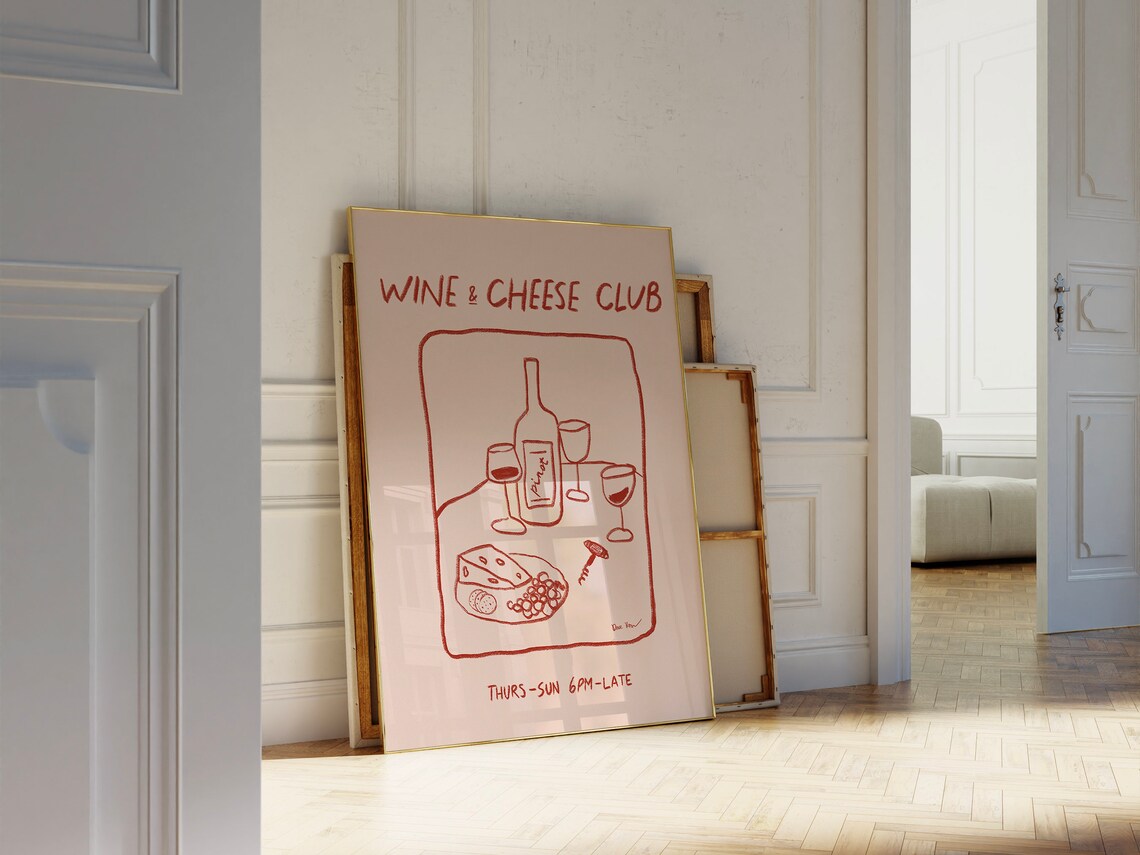 Wine and Cheese Club Red Line Art Pinot Glasses Dinner Party Poster - Image 3