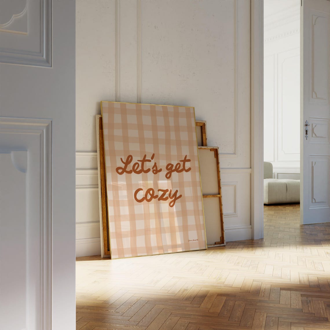 Lets Get Cozy Autumn Gingham Brown Script Fall Quote Art Poster - Image 2