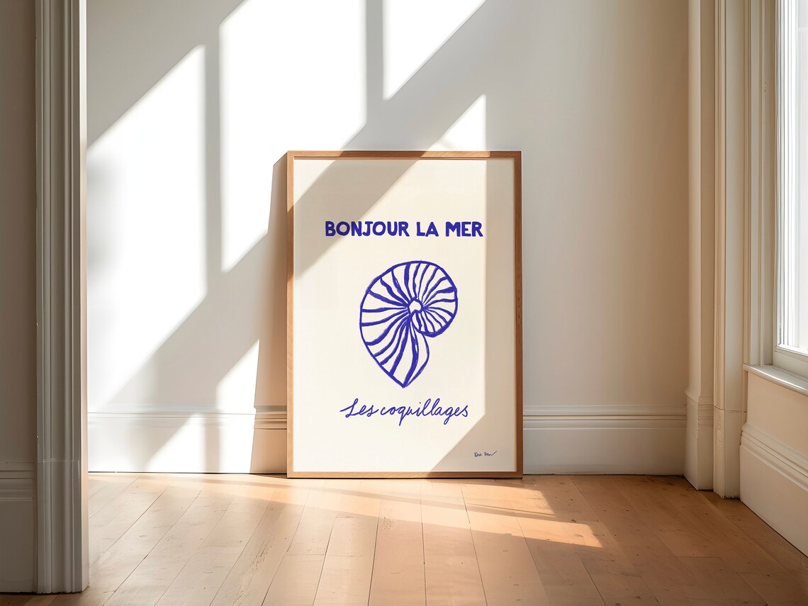 Bonjour La Mer Blue Nautilus Shell French Coastal Decor Poster - Image 3