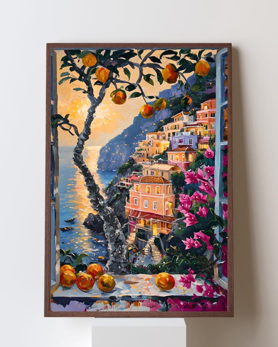 Amalfi Coast Sunset Window View Oranges Over the Sea Wall Art